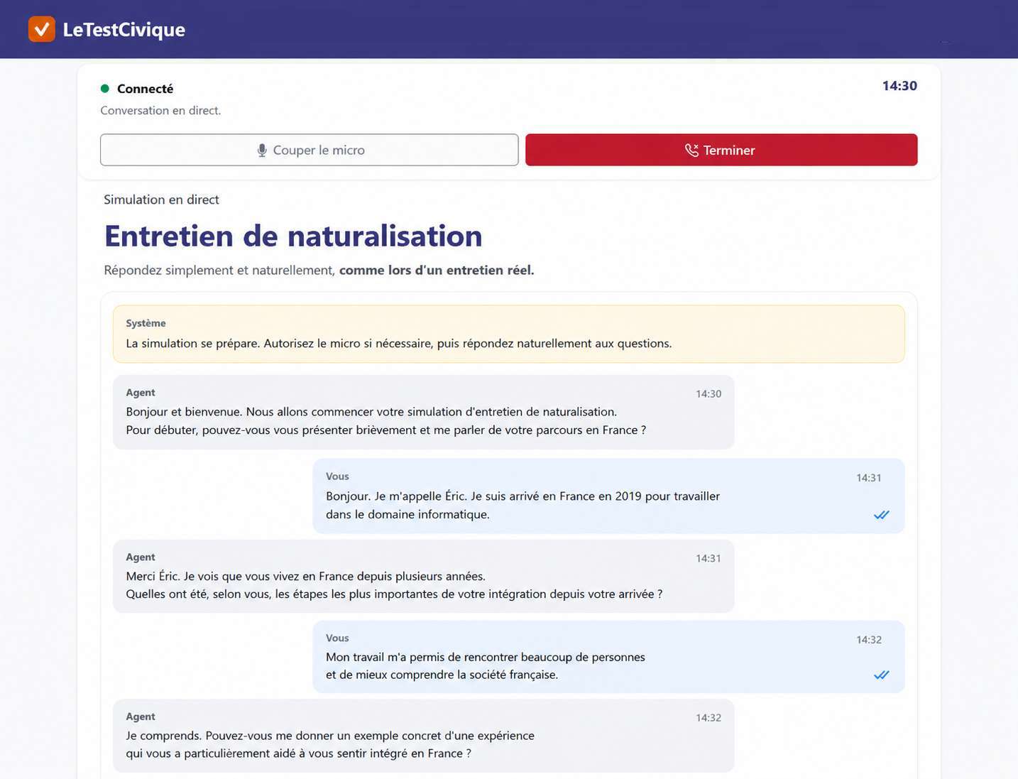 Simulation d'entretien de naturalisation avec agent IA