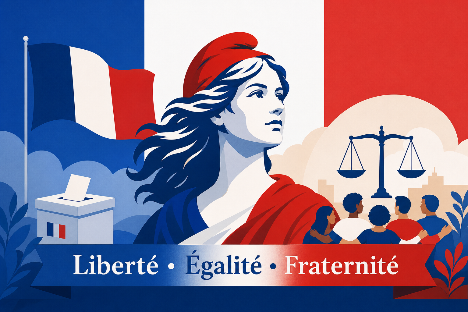Marianne, le drapeau français, une urne, la justice et la devise Liberté, Égalité, Fraternité